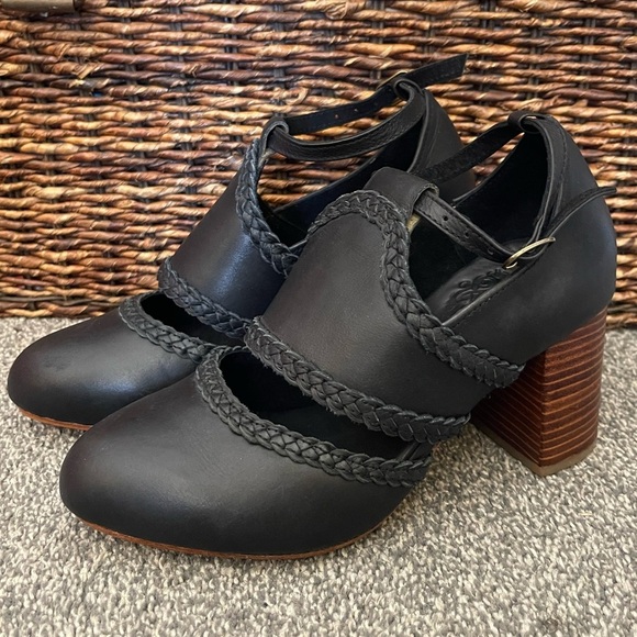 Women’s ELF black heels leather braided straps buckle open bootie ankle boots 7 - Picture 1 of 5